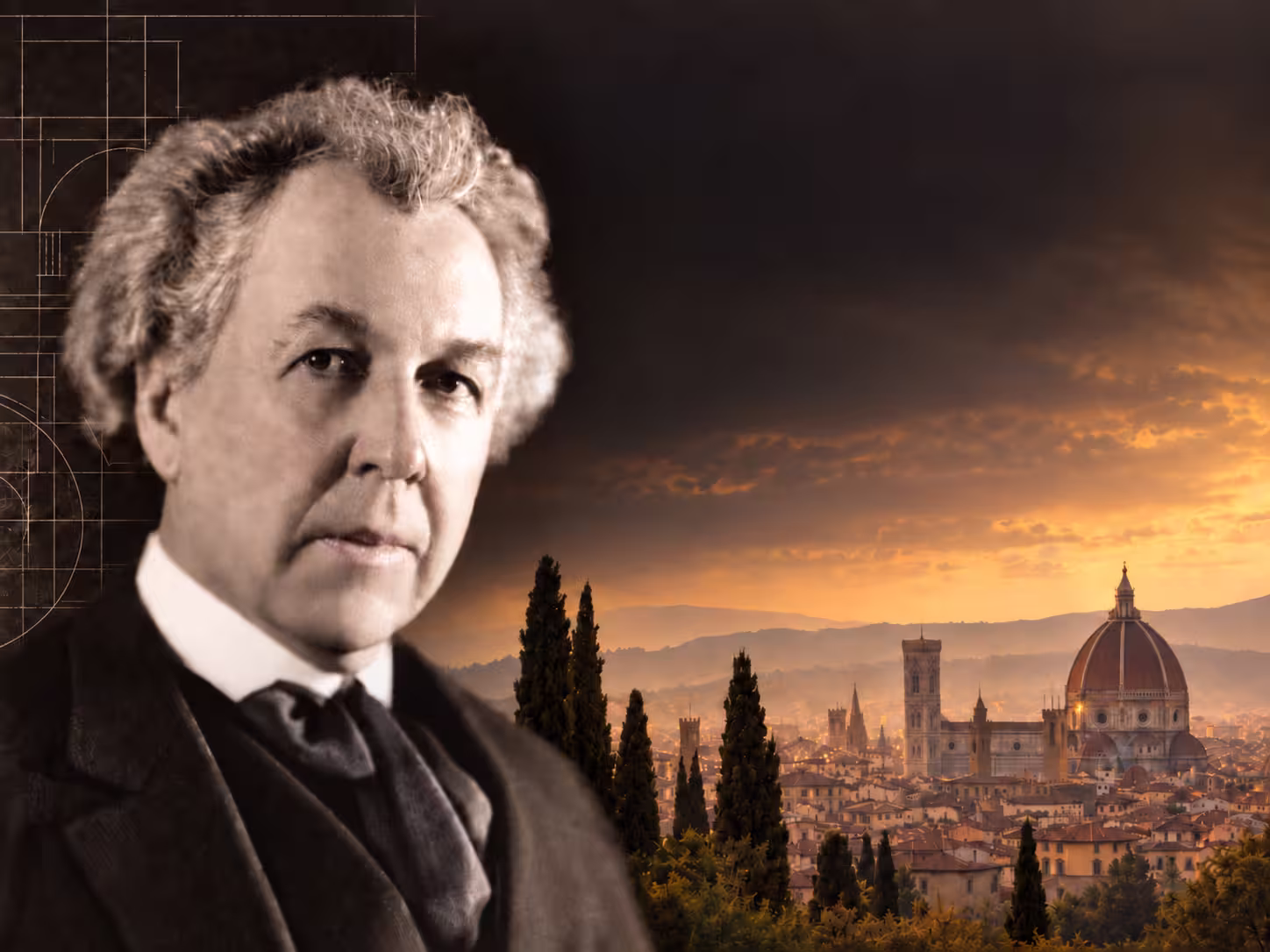 Illustrazione di Frank Lloyd Wright in primo piano, con il panorama di Firenze al tramonto sullo sfondo e il Duomo in evidenza.